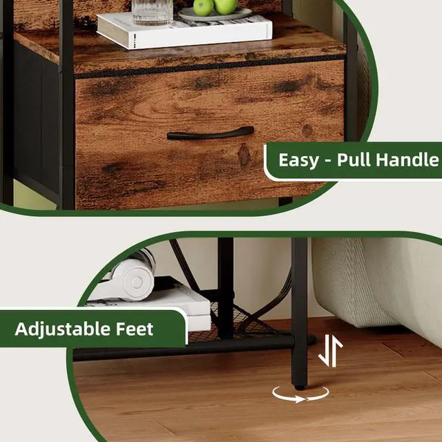 Alt view image 7 of 7 - Nightstand with Charging Station and LED Light for Bedroom, Bedside Table End Table for Dorm Guest Room Bedside Kids Laundry Closet Entryway Hallway, Wood Grain Print