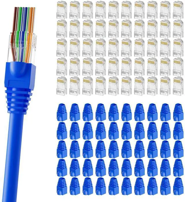 Main image of 100-Pack Pass-Through RJ45 Connector with Blue Strain Relief Boots, Gold Plated Cat6 RJ45 Connectors Cat 6 Ends Compatible with Cat5/Cat5e, Network Modular Plug for UTP Ethernet Cable