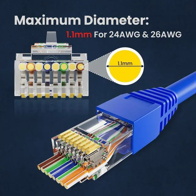 Alt view image 2 of 7 - 100-Pack Pass-Through RJ45 Connector with Blue Strain Relief Boots, Gold Plated Cat6 RJ45 Connectors Cat 6 Ends Compatible with Cat5/Cat5e, Network Modular Plug for UTP Ethernet Cable