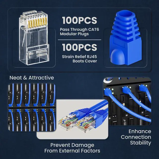Alt view image 5 of 7 - 100-Pack Pass-Through RJ45 Connector with Blue Strain Relief Boots, Gold Plated Cat6 RJ45 Connectors Cat 6 Ends Compatible with Cat5/Cat5e, Network Modular Plug for UTP Ethernet Cable