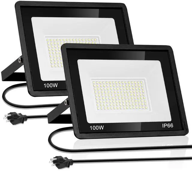 Main image of 100W LED Outdoor Flood Light 2-Pack IP66 Waterproof Security Light with Plug Super Bright 6000K Daylight White Flood Lights Outdoor Linght for Arage, Yard, Garden, Stadium, Playground, Aren