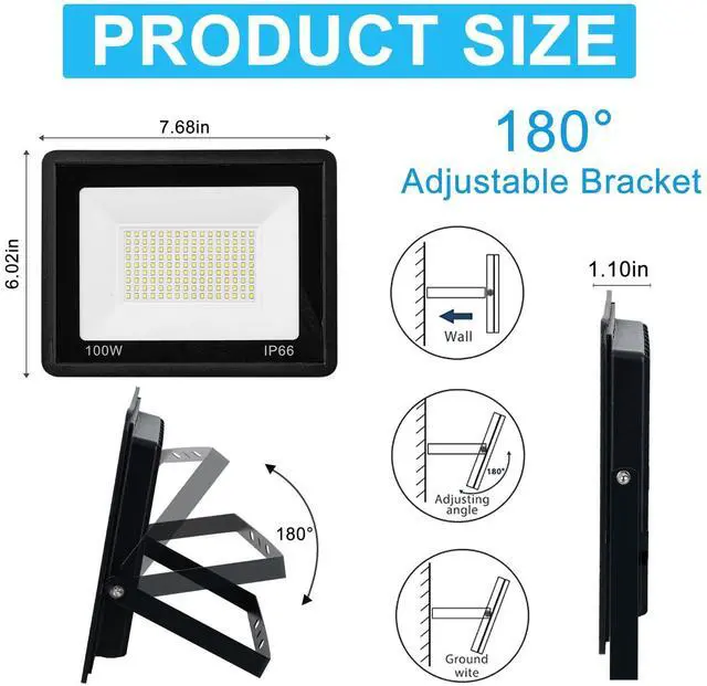 Alt view image 3 of 7 - 100W LED Outdoor Flood Light 2-Pack IP66 Waterproof Security Light with Plug Super Bright 6000K Daylight White Flood Lights Outdoor Linght for Arage, Yard, Garden, Stadium, Playground, Aren