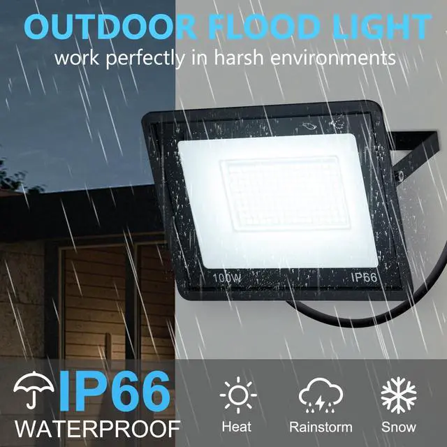 Alt view image 5 of 7 - 100W LED Outdoor Flood Light 2-Pack IP66 Waterproof Security Light with Plug Super Bright 6000K Daylight White Flood Lights Outdoor Linght for Arage, Yard, Garden, Stadium, Playground, Aren