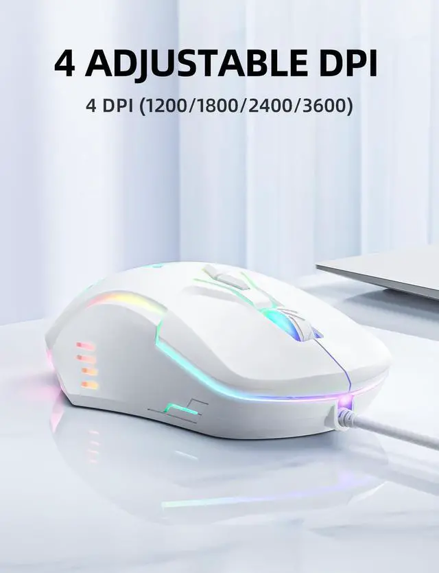 Alt view image 2 of 7 - Wired PC Gaming Mouse: High Precision Sensor,RGB Backlit, Adjustable DPI, 7 Buttons Programmable,Ergonomic mice for Office & Gaming on Windows/Mac/Linux/Chrome-White