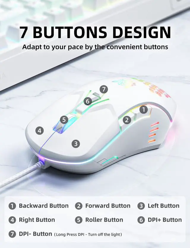 Alt view image 4 of 7 - Wired PC Gaming Mouse: High Precision Sensor,RGB Backlit, Adjustable DPI, 7 Buttons Programmable,Ergonomic mice for Office & Gaming on Windows/Mac/Linux/Chrome-White