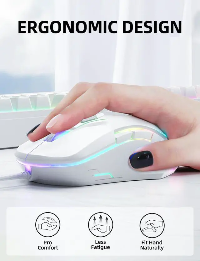 Alt view image 5 of 7 - Wired PC Gaming Mouse: High Precision Sensor,RGB Backlit, Adjustable DPI, 7 Buttons Programmable,Ergonomic mice for Office & Gaming on Windows/Mac/Linux/Chrome-White