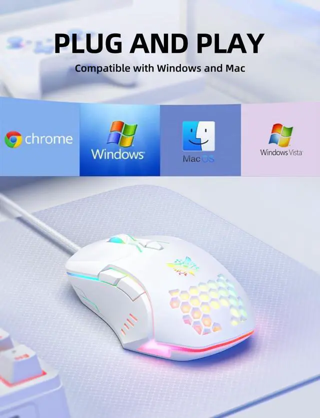 Alt view image 6 of 7 - Wired PC Gaming Mouse: High Precision Sensor,RGB Backlit, Adjustable DPI, 7 Buttons Programmable,Ergonomic mice for Office & Gaming on Windows/Mac/Linux/Chrome-White
