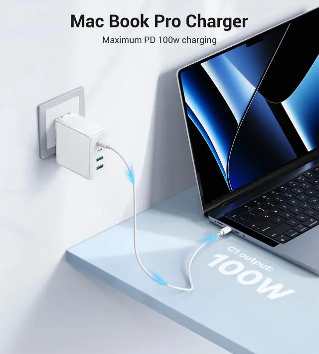 Alt view image 2 of 7 - 140W USB C Mac Book Pro Charger, 4-Port Type C 20W Fast Charger Block for USB C Port MacBook Pro & MacBook Air, ipad Pro,Wall Charging Block Cube for iPhone 17/16/15/14/13 Pro Max, iPad,Samsung Galaxy