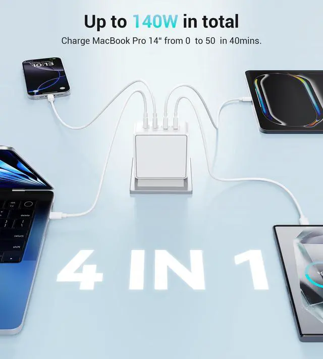 Alt view image 5 of 7 - 140W USB C Mac Book Pro Charger, 4-Port Type C 20W Fast Charger Block for USB C Port MacBook Pro & MacBook Air, ipad Pro,Wall Charging Block Cube for iPhone 17/16/15/14/13 Pro Max, iPad,Samsung Galaxy