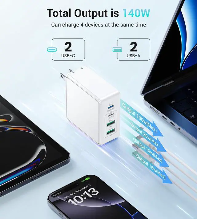 Alt view image 3 of 7 - 140W USB C Mac Book Pro Charger, 4-Port Type C 20W Fast Charger Block for USB C Port MacBook Pro & MacBook Air, ipad Pro,Wall Charging Block Cube for iPhone 17/16/15/14/13 Pro Max, iPad,Samsung Galaxy