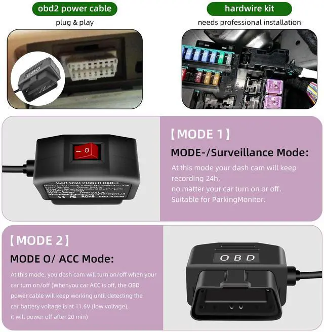 Alt view image 3 of 7 - OBD2 Power Cable for Dash Cam,90 Degree Right Angle USB C to OBD-II Hardwire Adapter with Switch Button Connector Plug and Play 24 Hours Surveillance/Acc Mode (11.5FT/3.5M)