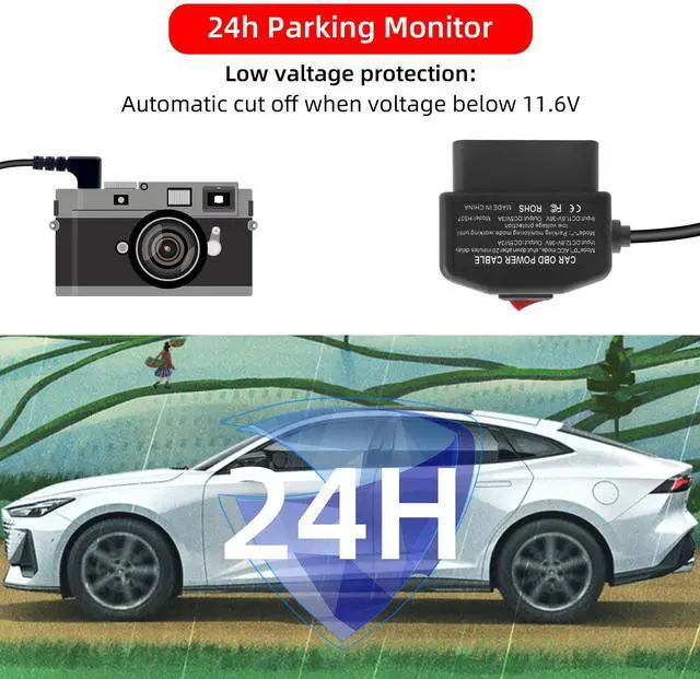 Alt view image 4 of 7 - OBD2 Power Cable for Dash Cam,90 Degree Right Angle USB C to OBD-II Hardwire Adapter with Switch Button Connector Plug and Play 24 Hours Surveillance/Acc Mode (11.5FT/3.5M)