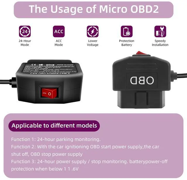 Alt view image 5 of 7 - OBD2 Power Cable for Dash Cam,90 Degree Right Angle USB C to OBD-II Hardwire Adapter with Switch Button Connector Plug and Play 24 Hours Surveillance/Acc Mode (11.5FT/3.5M)