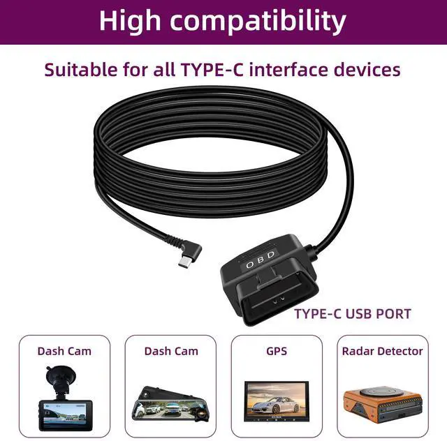 Alt view image 6 of 7 - OBD2 Power Cable for Dash Cam,90 Degree Right Angle USB C to OBD-II Hardwire Adapter with Switch Button Connector Plug and Play 24 Hours Surveillance/Acc Mode (11.5FT/3.5M)