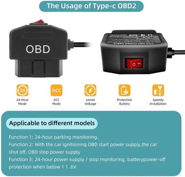 Alt view image 3 of 7 - OBD Power Cable for Dash Camera, Right Angle USB C OBD2 Dash Cam Power Cable with Switch Button 24 Hours Surveillance/Acc Mode 12-24V to 5V 23A, for Dashcam, GPS or Radar-3.5M/11.5Ft