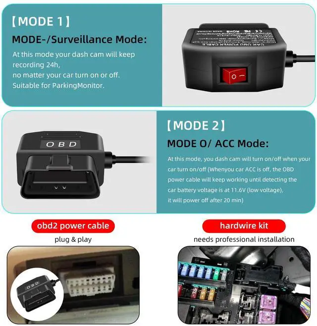 Alt view image 5 of 7 - OBD Power Cable for Dash Camera, Right Angle USB C OBD2 Dash Cam Power Cable with Switch Button 24 Hours Surveillance/Acc Mode 12-24V to 5V 23A, for Dashcam, GPS or Radar-3.5M/11.5Ft