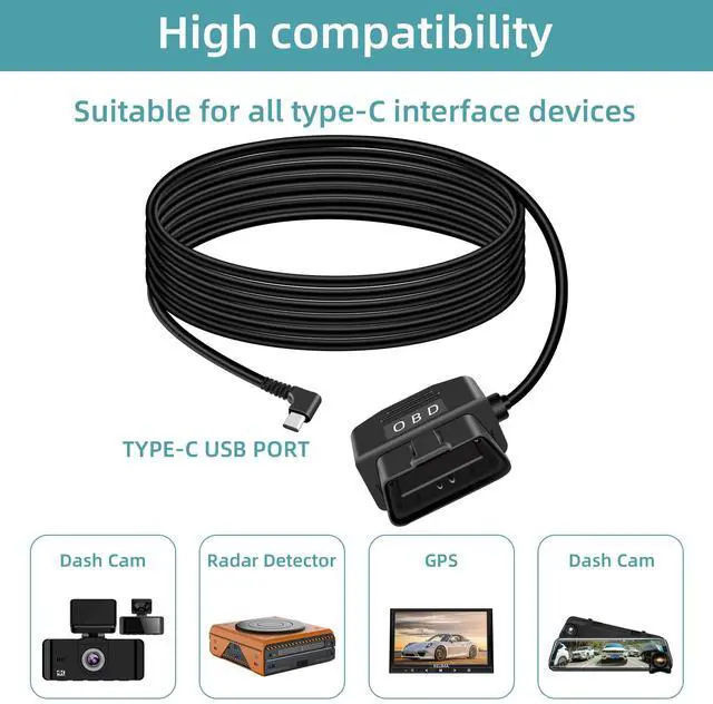 Alt view image 6 of 7 - OBD Power Cable for Dash Camera, Right Angle USB C OBD2 Dash Cam Power Cable with Switch Button 24 Hours Surveillance/Acc Mode 12-24V to 5V 23A, for Dashcam, GPS or Radar-3.5M/11.5Ft