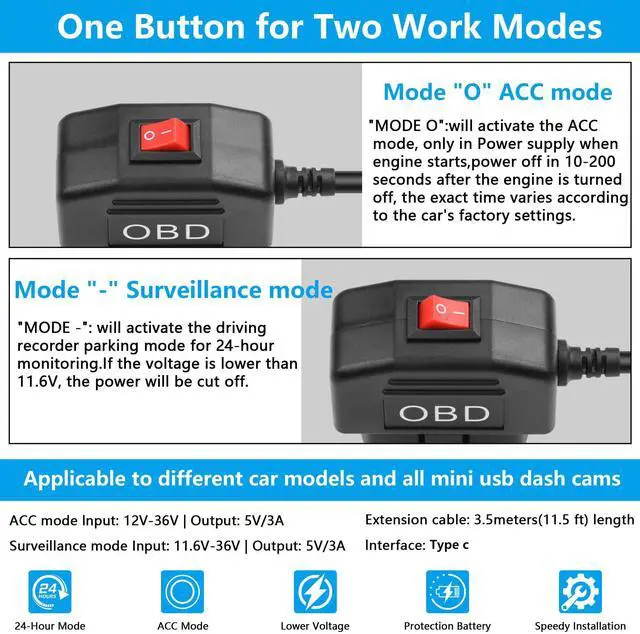 Alt view image 2 of 7 - OBD Power Cable for Dash Camera OBD2 to Type C Adapter Hardwire Charger Cable 24 Hours Surveillance/Acc Mode with Low Voltage Protection 13-40V to 5V 3A (11.5FT/3.5M) (Straight USB C)