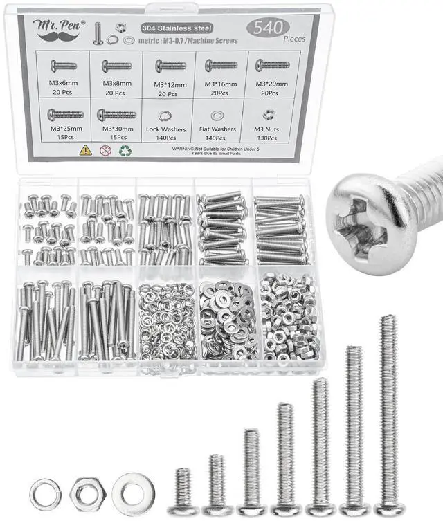 Main image of Nuts and Bolts Assortment Kit, 540 pcs, Stainless Steel, M3(7 Sizes 6-30mm) Phillips Pan Head Socket Cap Screws Assorted Nuts and Bolts Nut Bolt and Washer Assortment Bolt and Nut Assortment