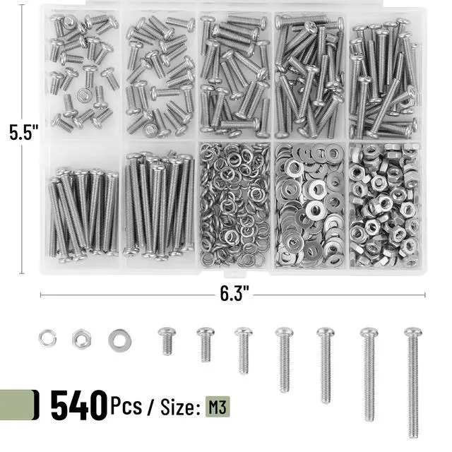Alt view image 2 of 7 - Nuts and Bolts Assortment Kit, 540 pcs, Stainless Steel, M3(7 Sizes 6-30mm) Phillips Pan Head Socket Cap Screws Assorted Nuts and Bolts Nut Bolt and Washer Assortment Bolt and Nut Assortment