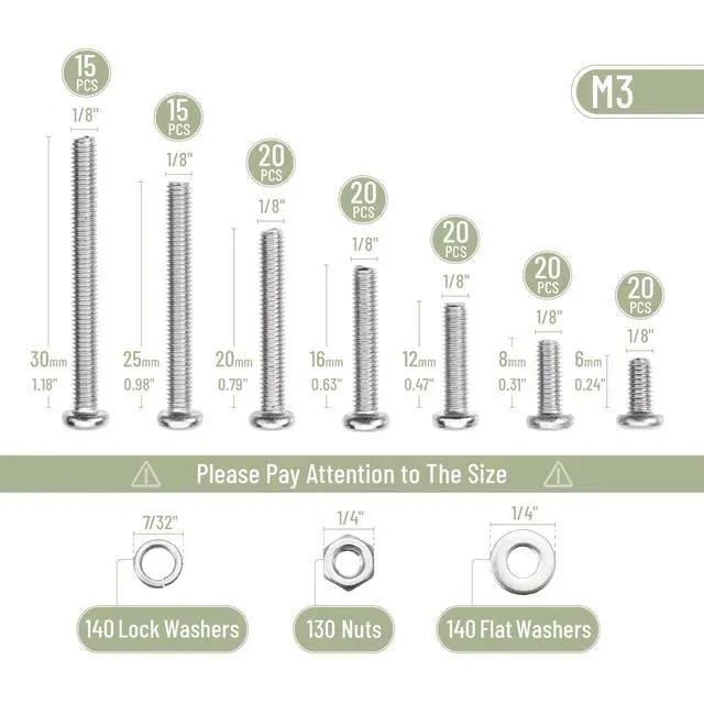 Alt view image 3 of 7 - Nuts and Bolts Assortment Kit, 540 pcs, Stainless Steel, M3(7 Sizes 6-30mm) Phillips Pan Head Socket Cap Screws Assorted Nuts and Bolts Nut Bolt and Washer Assortment Bolt and Nut Assortment
