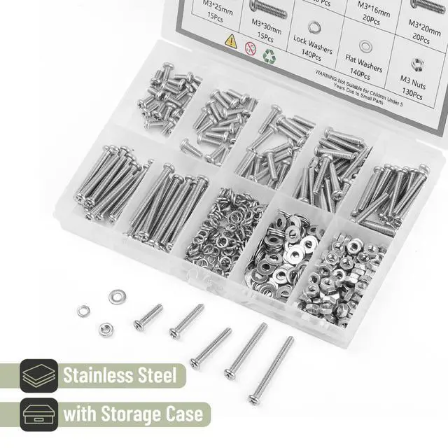 Alt view image 4 of 7 - Nuts and Bolts Assortment Kit, 540 pcs, Stainless Steel, M3(7 Sizes 6-30mm) Phillips Pan Head Socket Cap Screws Assorted Nuts and Bolts Nut Bolt and Washer Assortment Bolt and Nut Assortment