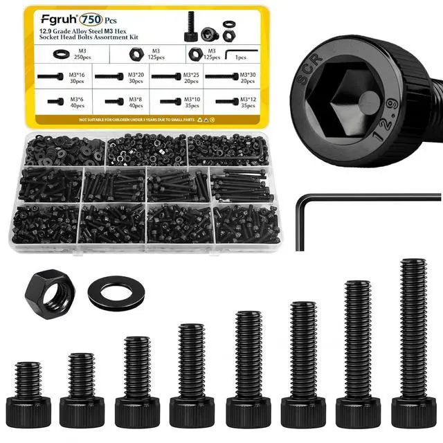 Main image of 750PCS M3 Screws Assortment Kit, M3x6/8/10/12/16/20/25/30 mm Hex Socket Head Bolts, Nuts & Washers Assorted Set - 12.9 Alloy Steel Black Zinc Plated M3 Screw for 3D Printer,DIY