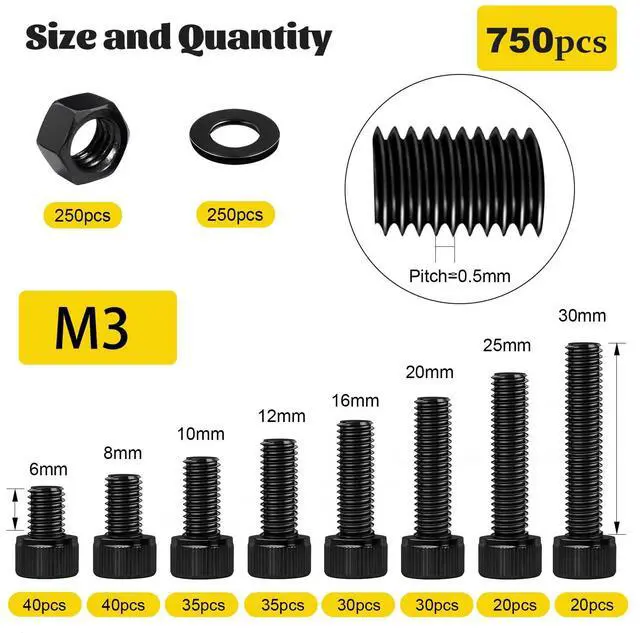 Alt view image 2 of 7 - 750PCS M3 Screws Assortment Kit, M3x6/8/10/12/16/20/25/30 mm Hex Socket Head Bolts, Nuts & Washers Assorted Set - 12.9 Alloy Steel Black Zinc Plated M3 Screw for 3D Printer,DIY