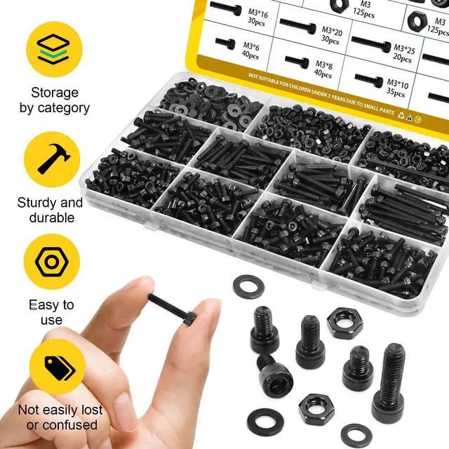 Alt view image 5 of 7 - 750PCS M3 Screws Assortment Kit, M3x6/8/10/12/16/20/25/30 mm Hex Socket Head Bolts, Nuts & Washers Assorted Set - 12.9 Alloy Steel Black Zinc Plated M3 Screw for 3D Printer,DIY