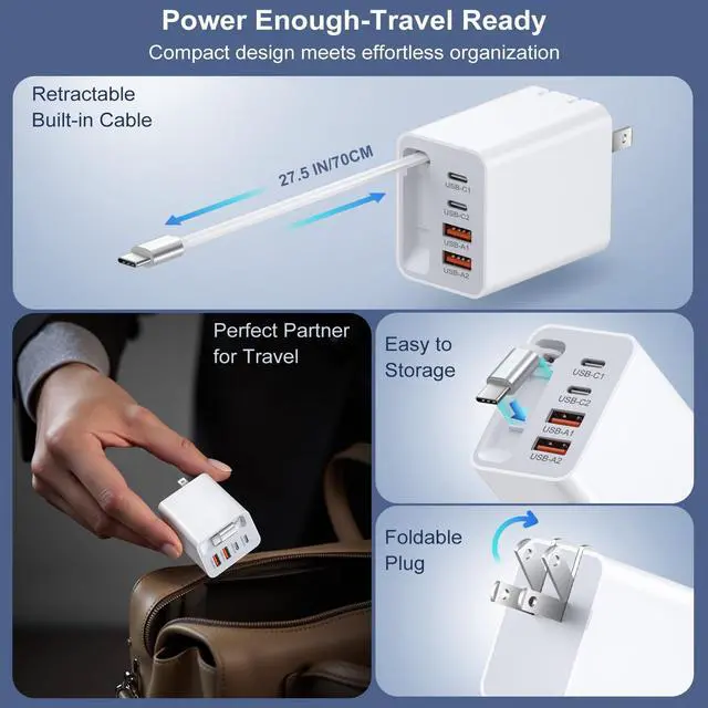 Alt view image 3 of 7 - 40W Retractable Charger, 5-in-1 Dual USB-A & USB-C Phone Charger Multi Ports Fast Charging Block with Retractable Type C Cable Wall Plug for iPhone 17 16 15 Series Pad