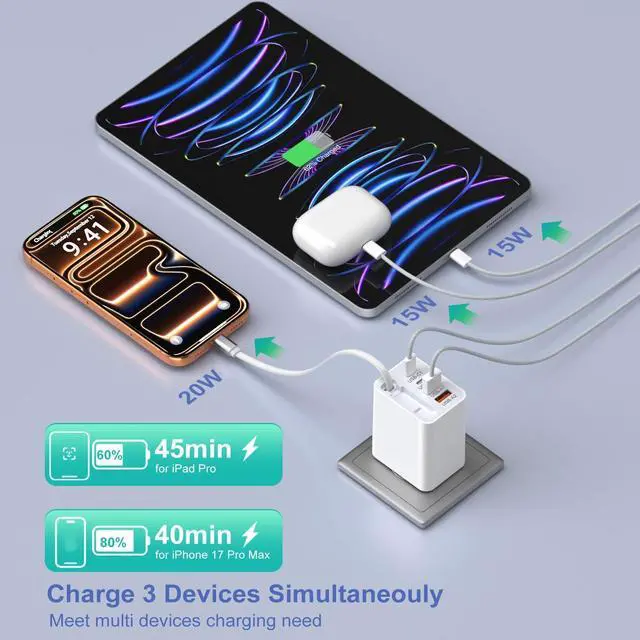 Alt view image 2 of 7 - 40W Retractable Charger, 5-in-1 Dual USB-A & USB-C Phone Charger Multi Ports Fast Charging Block with Retractable Type C Cable Wall Plug for iPhone 17 16 15 Series Pad