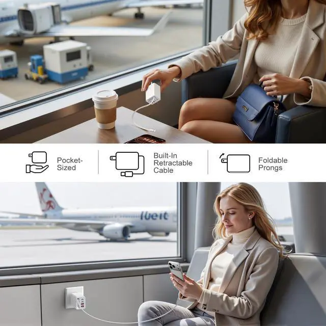 Alt view image 4 of 7 - 40W Retractable Charger, 5-in-1 Dual USB-A & USB-C Phone Charger Multi Ports Fast Charging Block with Retractable Type C Cable Wall Plug for iPhone 17 16 15 Series Pad