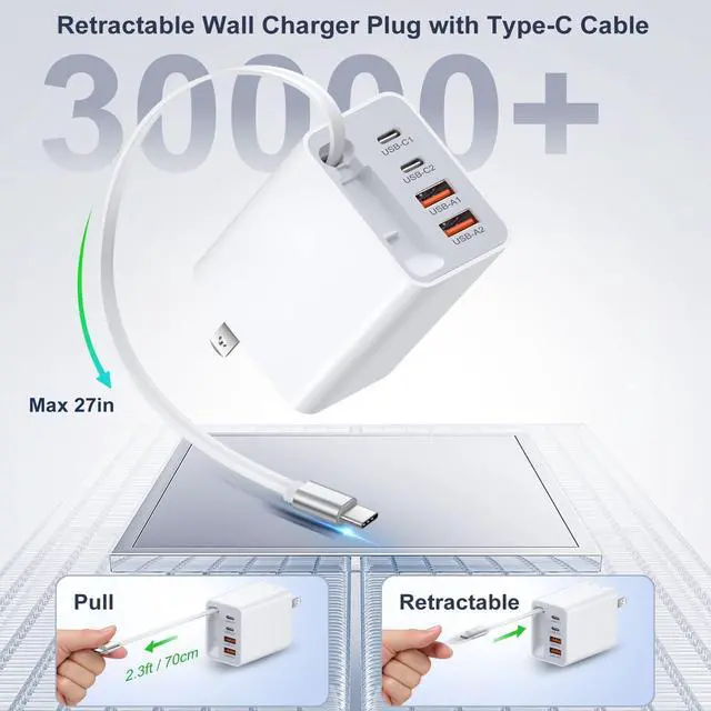 Alt view image 5 of 7 - 40W Retractable Charger, 5-in-1 Dual USB-A & USB-C Phone Charger Multi Ports Fast Charging Block with Retractable Type C Cable Wall Plug for iPhone 17 16 15 Series Pad