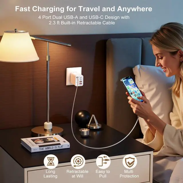 Alt view image 7 of 7 - 40W Retractable Charger, 5-in-1 Dual USB-A & USB-C Phone Charger Multi Ports Fast Charging Block with Retractable Type C Cable Wall Plug for iPhone 17 16 15 Series Pad