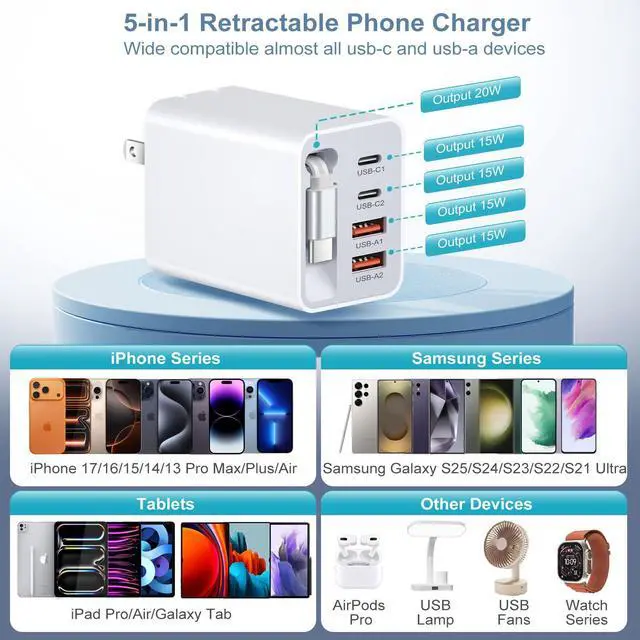 Alt view image 6 of 7 - 40W Retractable Charger, 5-in-1 Dual USB-A & USB-C Phone Charger Multi Ports Fast Charging Block with Retractable Type C Cable Wall Plug for iPhone 17 16 15 Series Pad