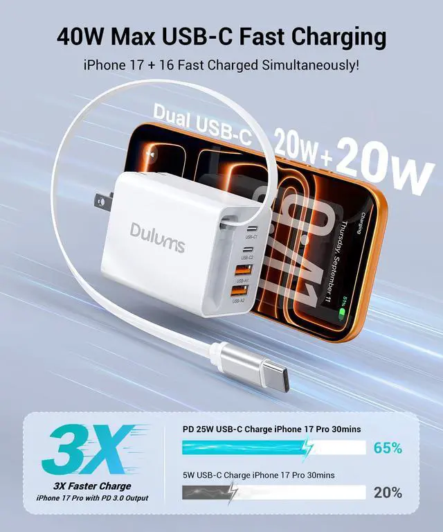 Alt view image 2 of 7 - 2026 Updated 40W Retractable Charger,4Port Travel Essentials Multiport,5-in-1 PD Wall Charger Block Plug+2.6ft Type C Cables, Fast Phone Charging Foldable Brick for iPhone 17/16/15 Pro Max,Galaxy