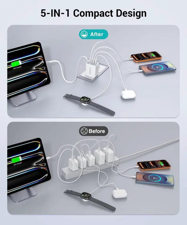 Alt view image 5 of 7 - 2026 Updated 40W Retractable Charger,4Port Travel Essentials Multiport,5-in-1 PD Wall Charger Block Plug+2.6ft Type C Cables, Fast Phone Charging Foldable Brick for iPhone 17/16/15 Pro Max,Galaxy