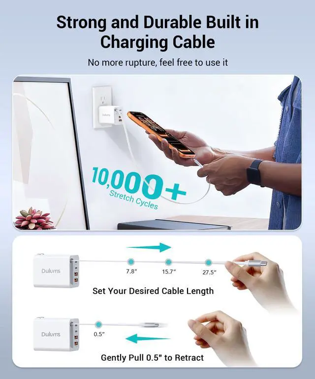 Alt view image 3 of 7 - 2026 Updated 40W Retractable Charger,4Port Travel Essentials Multiport,5-in-1 PD Wall Charger Block Plug+2.6ft Type C Cables, Fast Phone Charging Foldable Brick for iPhone 17/16/15 Pro Max,Galaxy