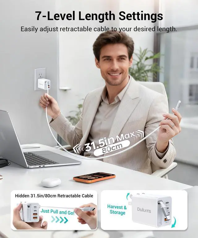 Alt view image 6 of 7 - 2026 Updated 40W Retractable Charger,4Port Travel Essentials Multiport,5-in-1 PD Wall Charger Block Plug+2.6ft Type C Cables, Fast Phone Charging Foldable Brick for iPhone 17/16/15 Pro Max,Galaxy