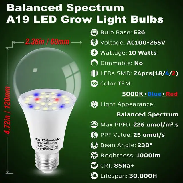 Alt view image 2 of 7 - Grow Light Bulbs for Indoor Plants Full Spectrum,E26 A19 Grow LED Lamp Bulb 10W with Balanced Spectrum 5000K Red Blue for Seeds Greens Laboratory,School,Greenhouse, Indore Garden, Hydroponic,3Pack