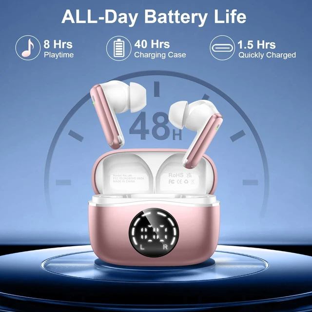 Alt view image 4 of 6 - Bluetooth 5.4 Headphones, 2026 Wireless Earbuds 48Hrs Stereo Bass Ear Buds 4 ENC Noise Cancelling Mic, Clear Call, IP-X7 Waterproof, USB-C in-Ear Earphones for Sport Work Phone Laptop Pad Android iOS