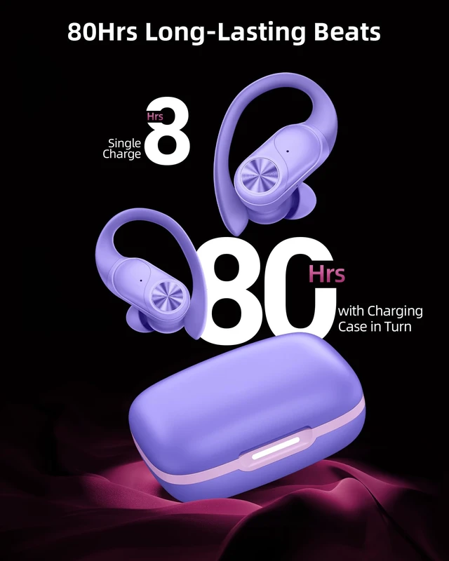 Alt view image 2 of 6 - Bluetooth Headphones Wireless Earbuds 80hrs Playtime Wireless Charging Case Digital Display Sports Ear buds with Earhook Deep Bass IPX7 Waterproof Over-Ear Earphones for TV Phone Laptop Purple