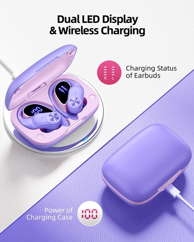 Alt view image 3 of 6 - Bluetooth Headphones Wireless Earbuds 80hrs Playtime Wireless Charging Case Digital Display Sports Ear buds with Earhook Deep Bass IPX7 Waterproof Over-Ear Earphones for TV Phone Laptop Purple