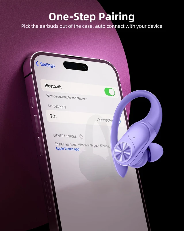 Alt view image 4 of 6 - Bluetooth Headphones Wireless Earbuds 80hrs Playtime Wireless Charging Case Digital Display Sports Ear buds with Earhook Deep Bass IPX7 Waterproof Over-Ear Earphones for TV Phone Laptop Purple