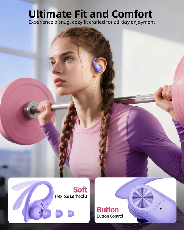 Alt view image 6 of 6 - Bluetooth Headphones Wireless Earbuds 80hrs Playtime Wireless Charging Case Digital Display Sports Ear buds with Earhook Deep Bass IPX7 Waterproof Over-Ear Earphones for TV Phone Laptop Purple