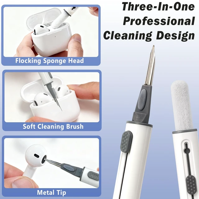 Alt view image 3 of 7 - 4-Piece Earbud Cleaning Kit for AirPods Pro 1/2/3 Multi-Function Cleaning Pen with Flocking Sponge, Brush & Metal Tip for Bluetooth Headsets & Charging Cases