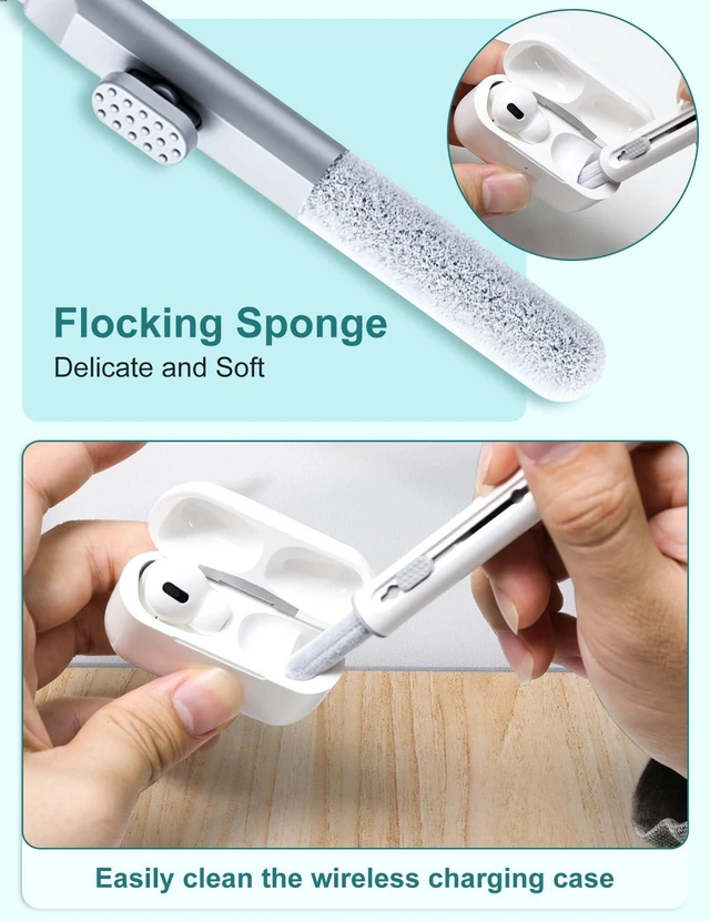 Alt view image 3 of 7 - 2 Pack Cleaner Kit for Airpods Pro 4 3 2 1, Multi-Function Cleaning Pen Tool with Soft Brush Flocking Sponge for Wireless Earbuds Bluetooth Headphone iPhone Electronics