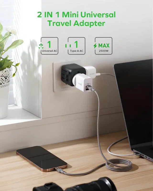 Alt view image 3 of 7 - Mini Universal Travel Adapter Worldwide, 2 AC, All European Travel Plug Adapter UK, Travel Essentials for US to Europe Adaptor, All-in-One Wall Charger for AUS JP (No USB Port)
