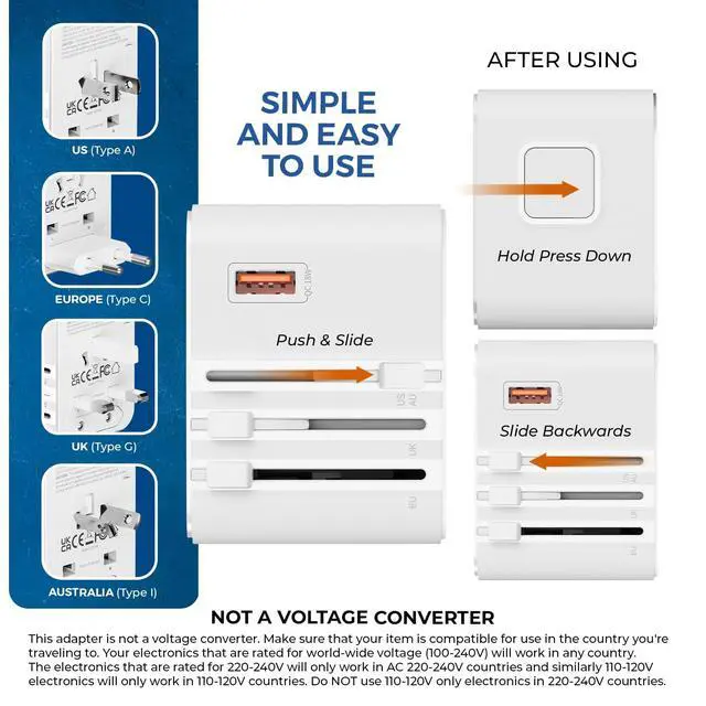 Alt view image 5 of 7 - World Travel Plug Adapter - 2 USB + 1 Universal Outlets - Slots for Europe, Asia, China, Japan, Africa - Perfect for Cell Phones, Tablets, Cameras and More