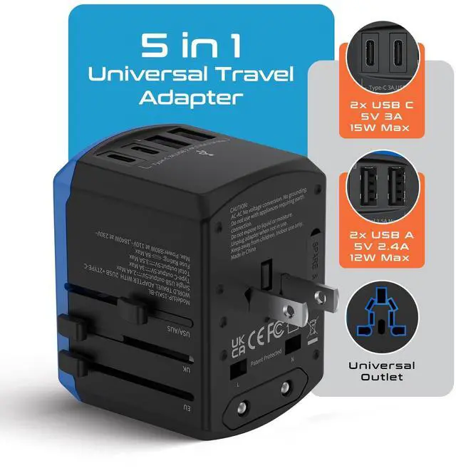 Alt view image 2 of 7 - 5 in 1 Universal Travel Adapter, 2 USB-A + 2 USB-C, 4 Plug Outputs